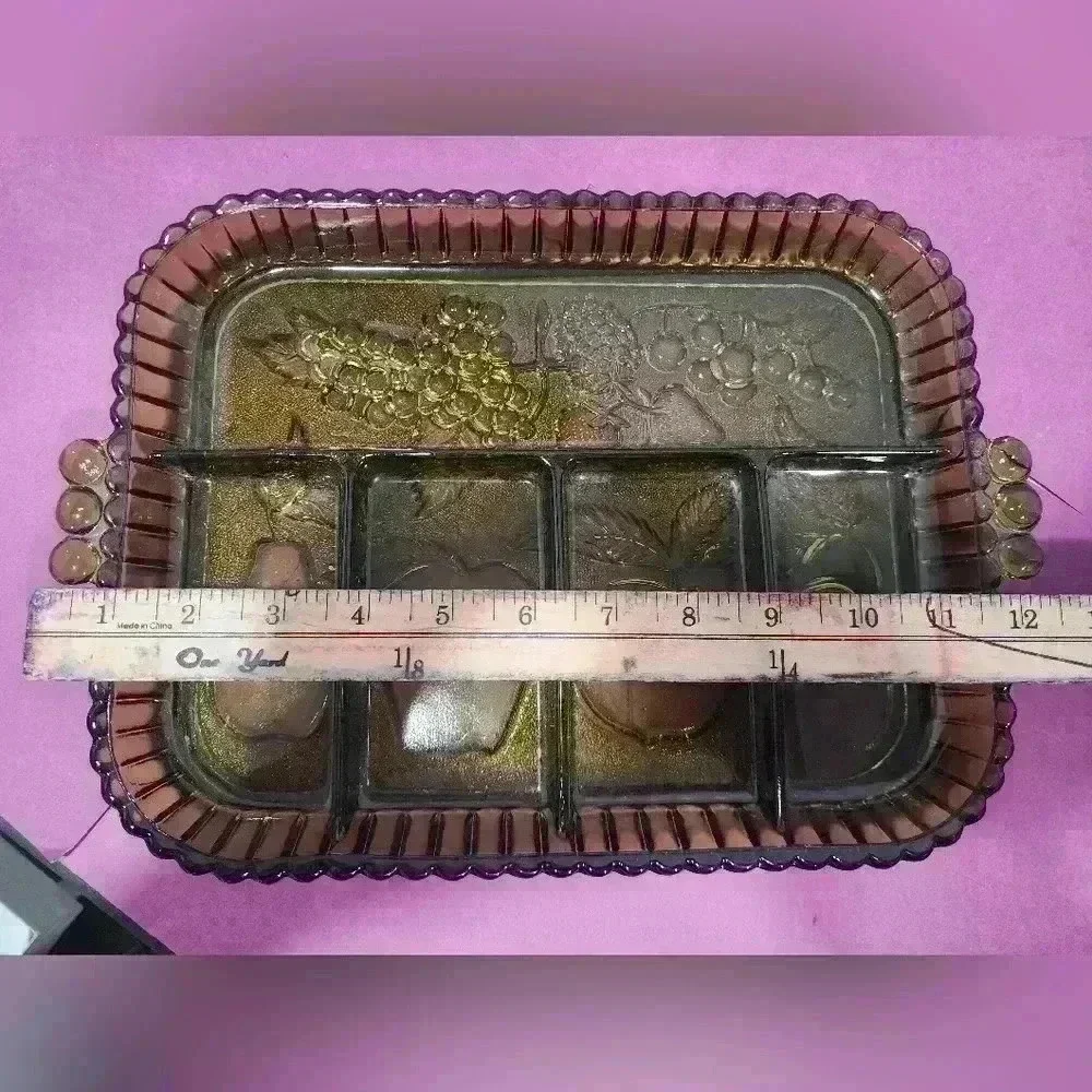 Vintage 1960s Indiana Glass Olive Green Divided Fruit Relish Serving Tray Dish